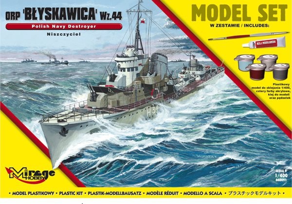 MI/840091--Model do sklejania wiernie odwzorowujący ORP 'BŁYSKAWICA' ? wz.44 [Polski Niszczyciel II WŚ].Zestaw zawiera: Plastikowy model do sklejania 1:400cztery farby akrylowe klejpędzelek