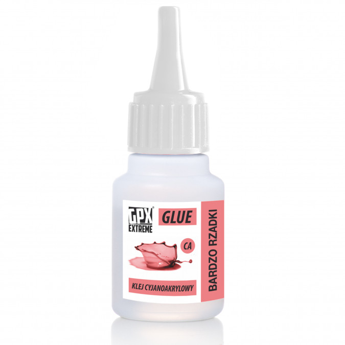 GPX/50120--Klej cyjanoakrylowy GPX Extreme o bardzo rzadkiej konsystencji, w kilkanaście sekund sklei metal, szkło, drewno, gumę, plastik (nieduże ilości), powierzchnie ceramiczne, EPP i inne materiały. Nie zaleca się do klejenia papieru, styropianu, depronu, l