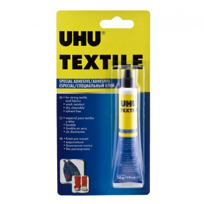 UHU/40300--Mocny klej w tubce przeznaczony do tekstyliów bez rozpuszczalnika. Sklejona powierzchnia nadaje się do użytku natychmiast po ostygnięciu kleju. Produkt jest w formie płynu. Odporny na pranie wodne oraz suche. Klej najlepiej sprawdza się do napraw tek