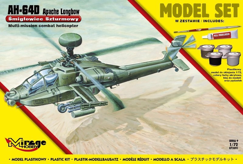 MI/872091--Model do sklejania wiernie odwzorowujący AH-64D APACHE Longbow [Amerykański Śmigłowiec Szturmowy].Zestaw zawiera: Plastikowy model do sklejania 1:72cztery farby akrylowe klejpędzelek