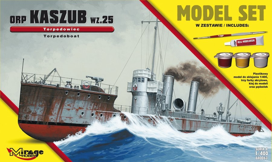 MI/840063--Model do sklejania wiernie odwzorowujący ORP 'KASZUB' 1935 (Polski Okręt Torpedowy).Zestaw zawiera: Plastikowy model do sklejania 1:400trzy farby akrylowe klejpędzelek
