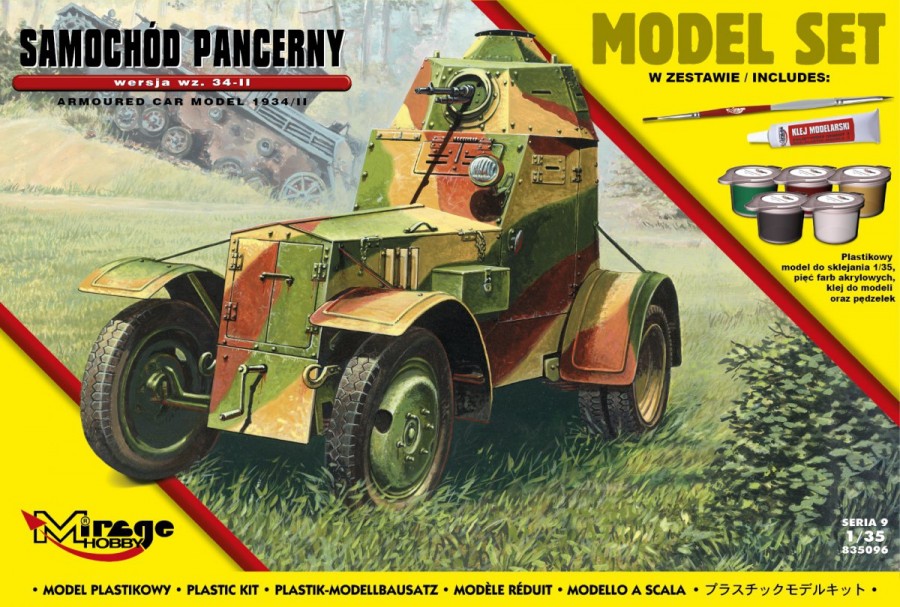 MI/835096--Model do sklejania wiernie odwzorowujący Samochód Pancerny Wz. 34-II.Zestaw zawiera: Plastikowy model do sklejania 1:35pięć farb akrylowych klejpędzelek