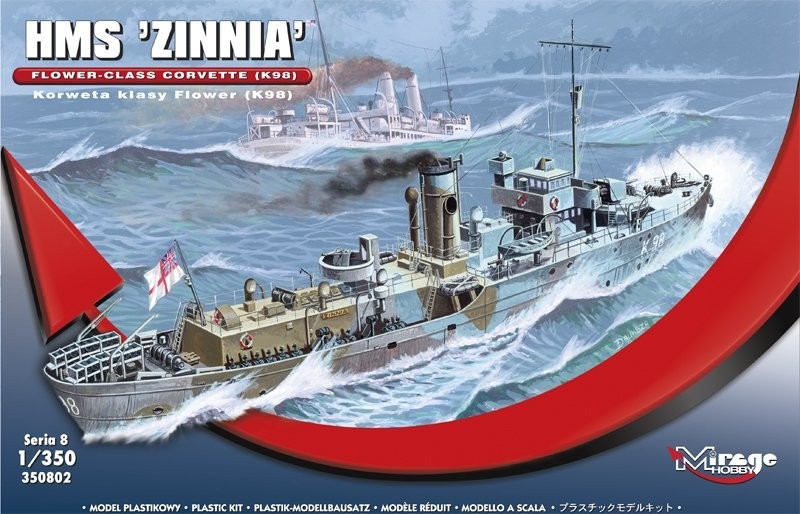 MI/350802--Model do sklejania wiernie odwzorowujący HMS 'Zinnia' - Korweta klasy Flower (K98). Korwety typu Flower były odpowiedzią na gwałtowne zapotrzebowanie na okręty eskortowe do osłony konwojów alianckich na początku wojny. Wraz z jej wybuchem o