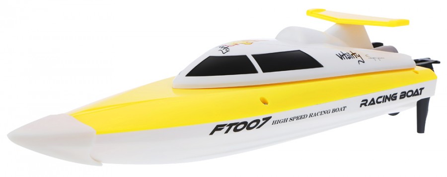 FT007-YEL--Nowość na polskim rynku - szybka motorówka Vitality FT007 z radiem 2.4GHz.  Najnowszy model z funkcją pływania do tytułu oraz z możliwością obrócenia motorówki w przypadku wywrócenia się na wodzie! Łódź jako jedyny model można spokojnie rzucić na wod