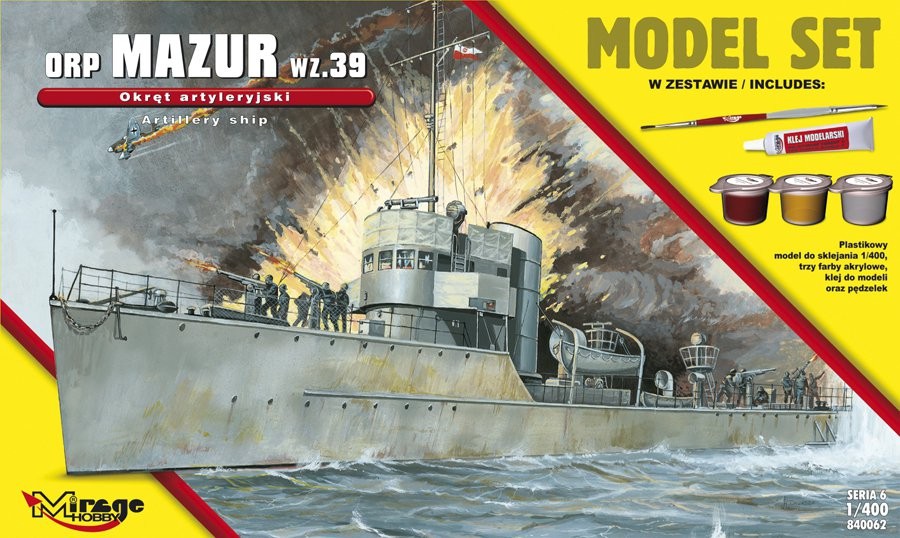 MI/840062--Model do sklejania wiernie odwzorowujący ORP 'MAZUR' 1939 (Polski Okręt Artyleryjski).Zestaw zawiera: Plastikowy model do sklejania 1:400trzy farby akrylowe klejpędzelek