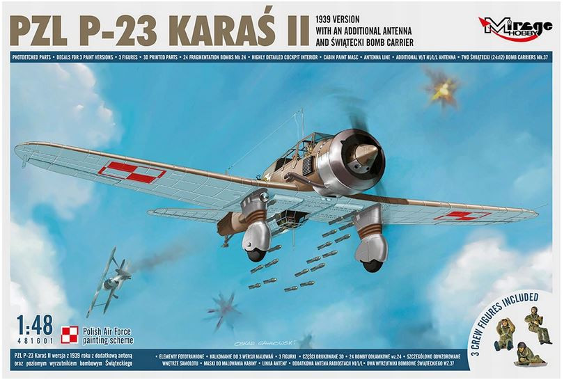 MI/481601--Model do sklejania wiernie odwzorowujący PZL P-23 KARAŚ II z dodatkową anteną oraz poziomym wyrzutnikiem bombowym Świąteckiego. Zestaw nie zawiera kleju ani farb.