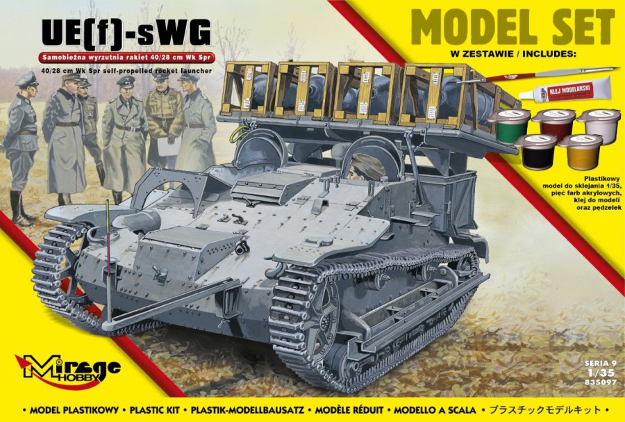 MI/835097--Model do sklejania wiernie odwzorowujący UE[f]-sWG [Samobieżna Wyrzutnia Rakiet 40/28 cm Wk Spr].Zestaw zawiera: Plastikowy model do sklejania 1:35pięć farb akrylowych klejpędzelek