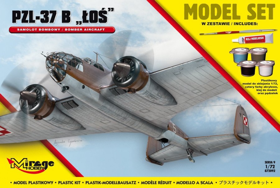 MI/872092--Model do sklejania wiernie odwzorowujący PZL-37B 'ŁOŚ' [Polski Samolot Bombowy].Zestaw zawiera: Plastikowy model do sklejania 1:72cztery farby akrylowe klejpędzelek