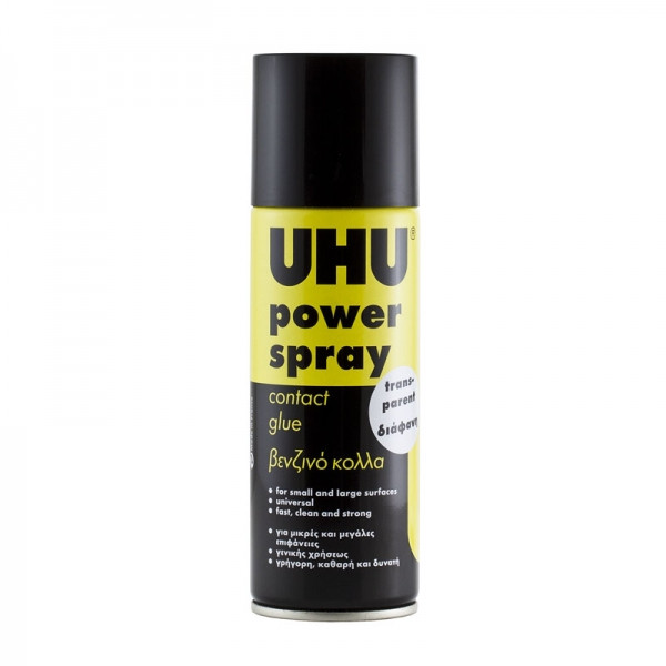 UHU/43850--Klej UHU Power Spray.  Nadaje się do trwałego lub tymczasowego klejenia papieru, tektury, zdjęć, plakatów, reprodukcji, kolaży, folii metalowych (folii aluminiowej) oraz do tymczasowego mocowania płytek matrycowych. Nadaje się również do klejenia mat