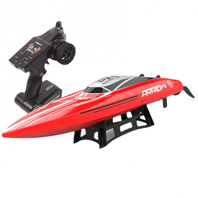 UDI005-RED--The UDI005 motorboat is a 2.4 GHz radio controlled electric water vehicle that is ready to go out of the box (RTR). The product has a durable, anti-tilt hull made of ABS. The engine enables a speed of up to 25 km / h, powered by a LiPo battery with a