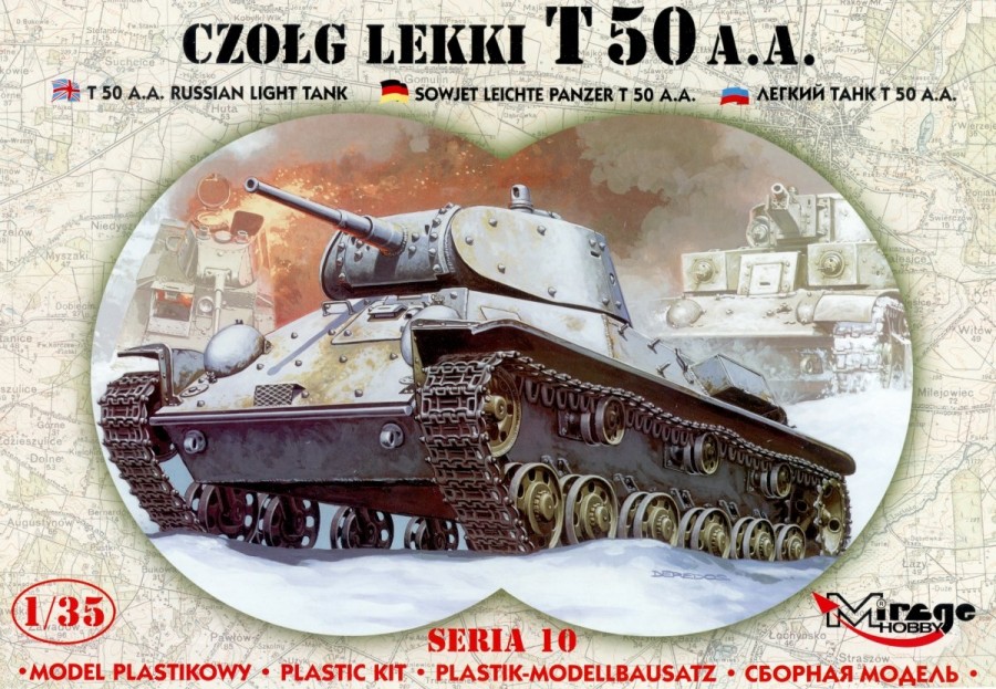 MI/35106--Model do sklejania wiernie odwzorowujący T-50 A.A. Czołg lekki. W 1939 roku zespół konstruktorów zakładu nr. 185 im. Kirowa w Leningradzie, kierowany przez inż. Siemiona Ginzburga rozpoczął pracę nad czołgiem oznaczonym początkowo SP, a później obiek