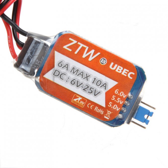 ZTW/UBEC06--Regulator napięcia odbiornika firmy ZTW 6A UBEC, służący do zasilania odbiornika i serwomechanizmów napięciem powyżej 4.8V.