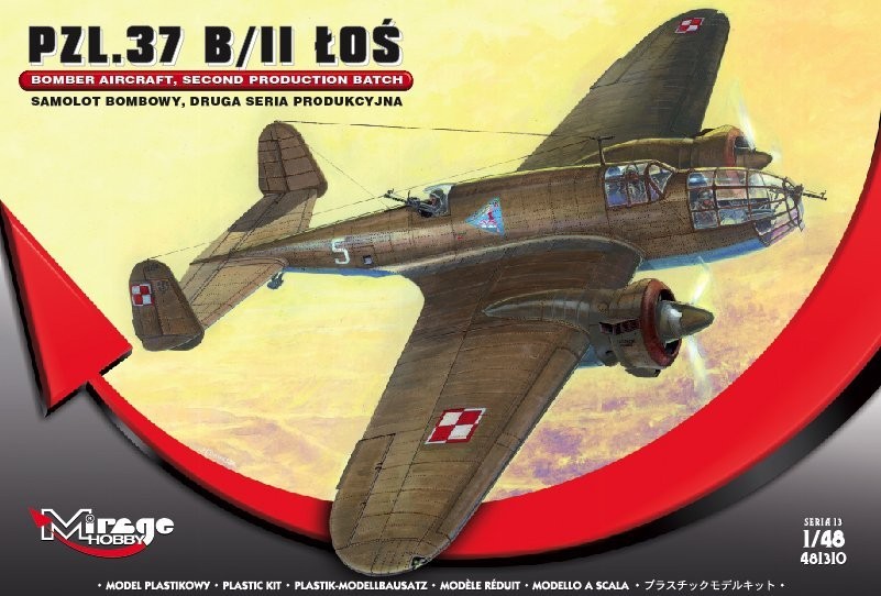 MI/481310--Model do sklejania wiernie odwzorowujący PZL.37 B/II ŁOŚ Samolot Bombowy. PZL-37A/B Łoś to polski, dwusilnikowy bombowiec zbudowany w układzie dolnopłata o konstrukcji w pełni metalowej, z podwoziem chowanym w locie. Oblot prototypu nastąpił w grudni