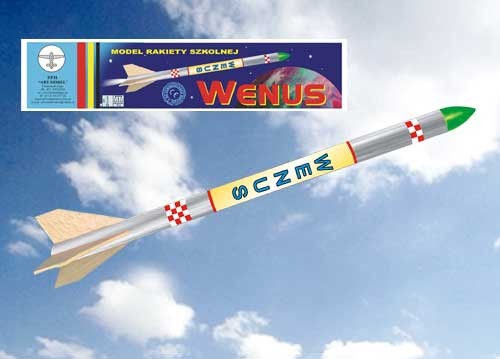 HM/10030--Rakieta  WENUS  ze spadochronem jest rakietą z taśmą hamującą wykonaną z kartonu, balsy, papieru i plastiku. Nadaje się dla początkujących modelarzy, jednak należy pamiętać że dzieci i młodzież, powinny odpalać rakietę tylko pod nadzorem osób dorosły
