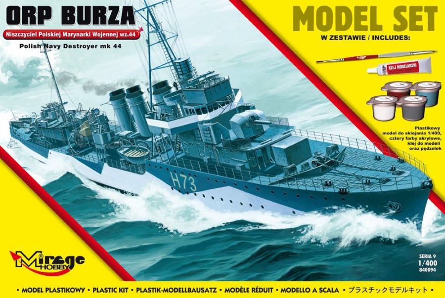MI/840094--Model do sklejania wiernie odwzorowujący  ORP 'BURZA' ? wz.44 [Polski Niszczyciel II WŚ].Zestaw zawiera: Plastikowy model do sklejania 1:400cztery farby akrylowe klejpędzelek