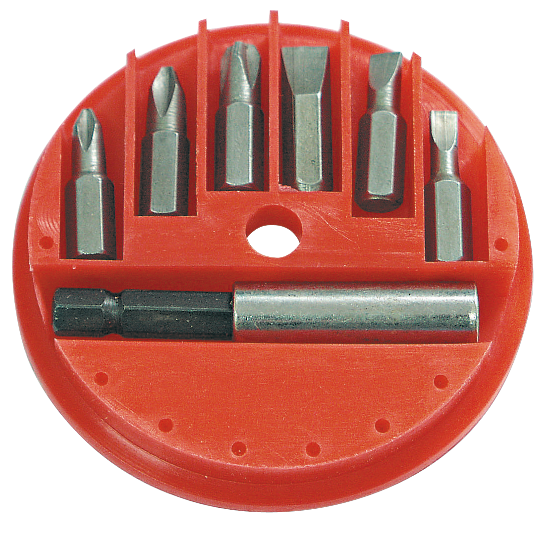 10003--10003 Zestaw bit&amp;oacute;w 7el., PH1, PH2, PZ1, PZ2, MegaW zestawie końc&amp;oacute;wki :Bity płaskie 4.5, 6 mm,Bity krzyżowe PH 1 i PH 2,Bity Pozidriv PZ 1 i PZ 2.Uchwyt magnetyczny.Ilość: 7szt.