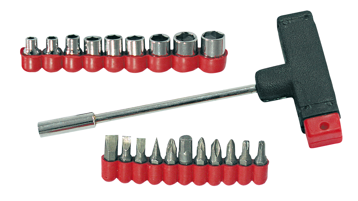 10006--10006 Wkrętak z uchwytem T - zestaw 21 element&amp;oacute;wWkrętak magnetyczny:Końc&amp;oacute;wki 25 mm:płaskie 4, 5, 6, 7mm;krzyżowe PH1, PH2;Pozidriv PZ1, PZ2; Torx T10, T20Adapter nasadek 1/4"Nasadki 6-kątne 5, 6, 7, 8, 9, 10, 11, 12