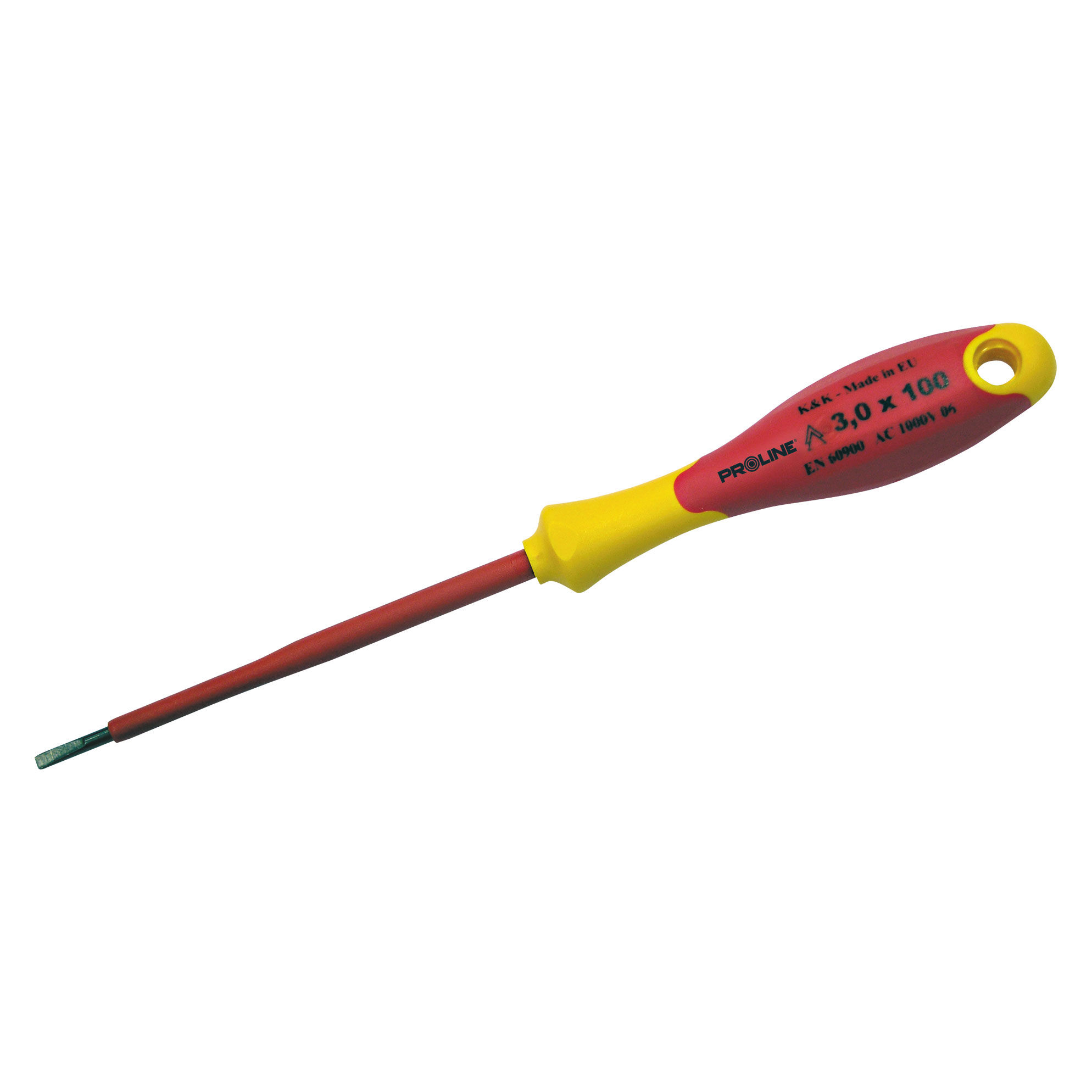 10574--10574 Wkrętak 1000V płaski elektrotechniczny, 3,0x100mm, ProlineGrot wykonany ze stali molibdenowo-chromowo-wanadowej odpornej na ścieranie i skręcanieTwardość 58 HRC +/- 2%Rękojeść wykonana z wysokiej jakości materiał&amp;oacute;w (ABS oraz kauc