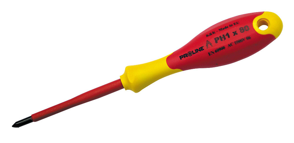 10597--10597 Wkrętak 1000V krzyżowy Pozidriv elektrotechniczny PZ2x100mm, ProlineGrot wykonany ze stali molibdenowo-chromowo-wanadowej odpornej na ścieranie i skręcanieTwardość 58 HRC +/- 2%Rękojeść wykonana z wysokiej jakości materiał&amp;oacute;w (ABS