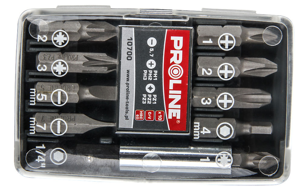 10700--10700 Zestaw końc&amp;oacute;wek bit&amp;oacute;w 1/4 cala, 10 element&amp;oacute;w, ProlineZestaw końc&amp;oacute;wek 1/4cala, Proline 10szt:Uchwyt magnetyczny.Końc&amp;oacute;wki krzyżowe PH1, PH2, PH3Końc&amp;oacute;wki Poz