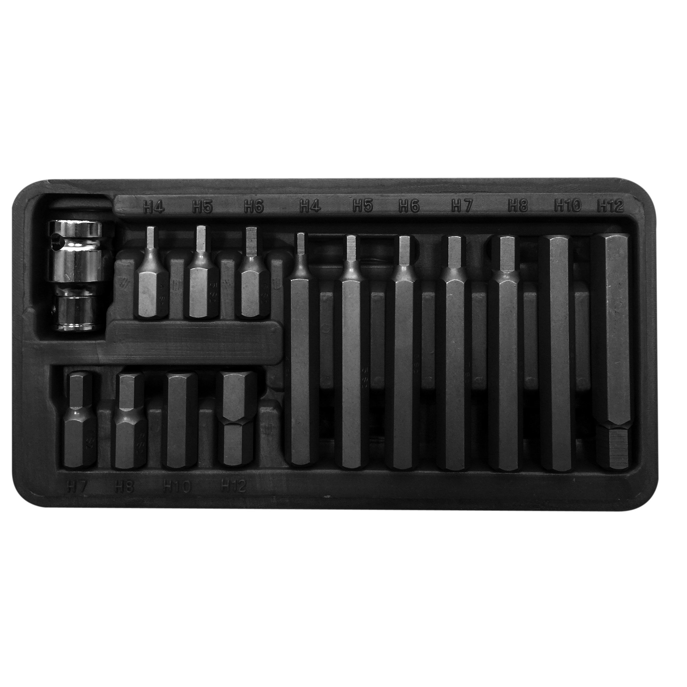 10743--10743 Zestaw końc&amp;oacute;wek, bit&amp;oacute;w 3/8 cala Hex 4 - Hex 12, L=30/75mm, 15 element&amp;oacute;wZestaw wykonany z najwyższej jakości stali stopowej narzędziowej S2, kt&amp;oacute;ra charakteryzuje się:wysoką twardością H