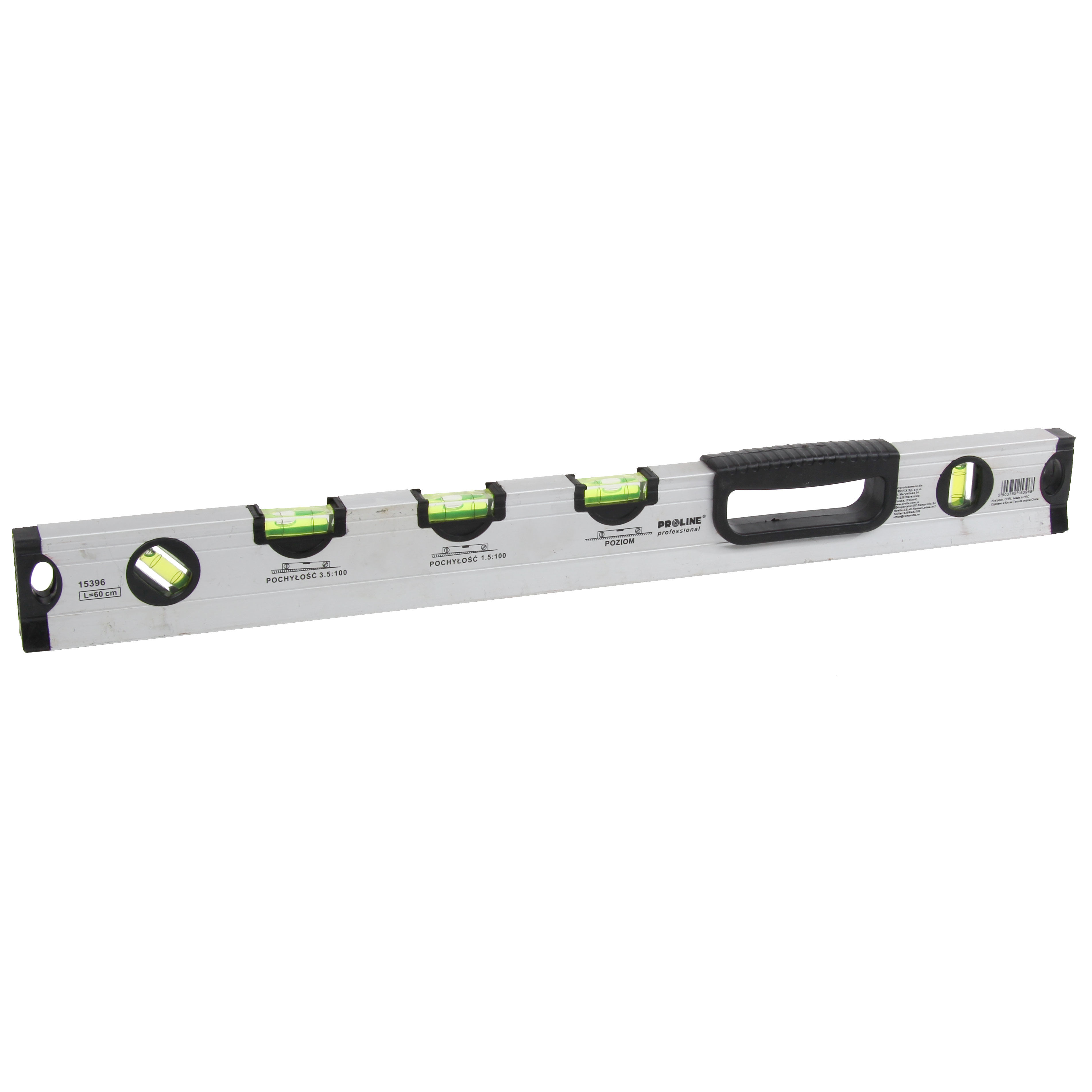 15398--Specyfikacja:Do poziomowania płytekDo dokładnego wykonania pochyłośćiKorpus aluminiowy, skrzynkowyRowek w podstawie do rurPłaszczyzna pomiarowa dodatkowo obrobionaPosiada 5 libelek:pozioma, pionowa, 45o i 2 do pochyleń 1.5o i 3.5oDługość: 800 mm