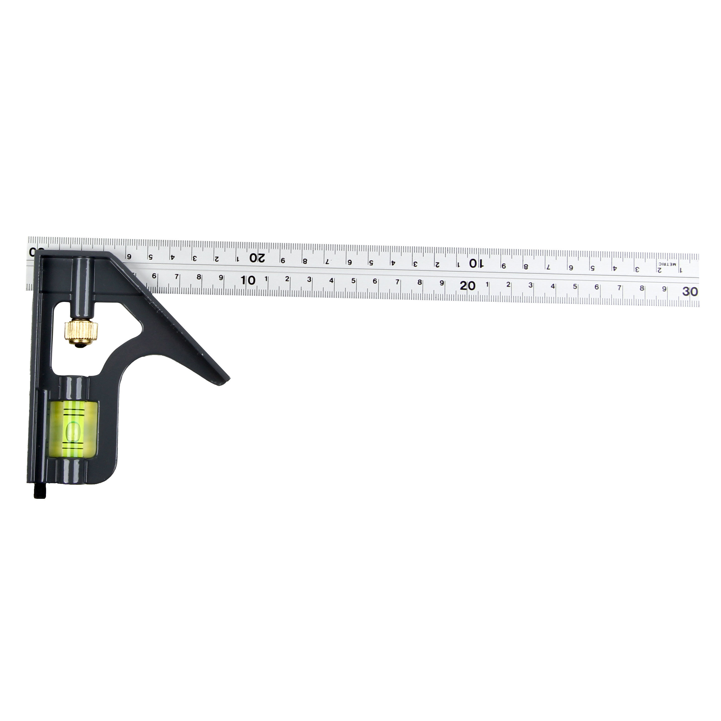 21230--21230 Kątownik ciesielski, stolarski 300mm, ProlineCechy:Stalowa baza o grubości 18mm z poziomnicą, rysikiem i śrubą nastawnąAluminiowy przymiar skalowany dwustronnie na obydwu krawędziachPomiar kąta zewnętrznego 90st dzięki ruchomej linijce aluminio