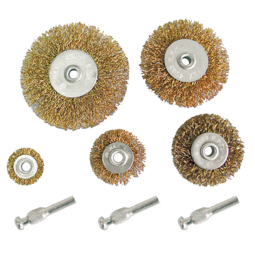 32200--Szczotki stalowe (25,40,50,60,75) kpl. szt.5 + 3 trzpienie