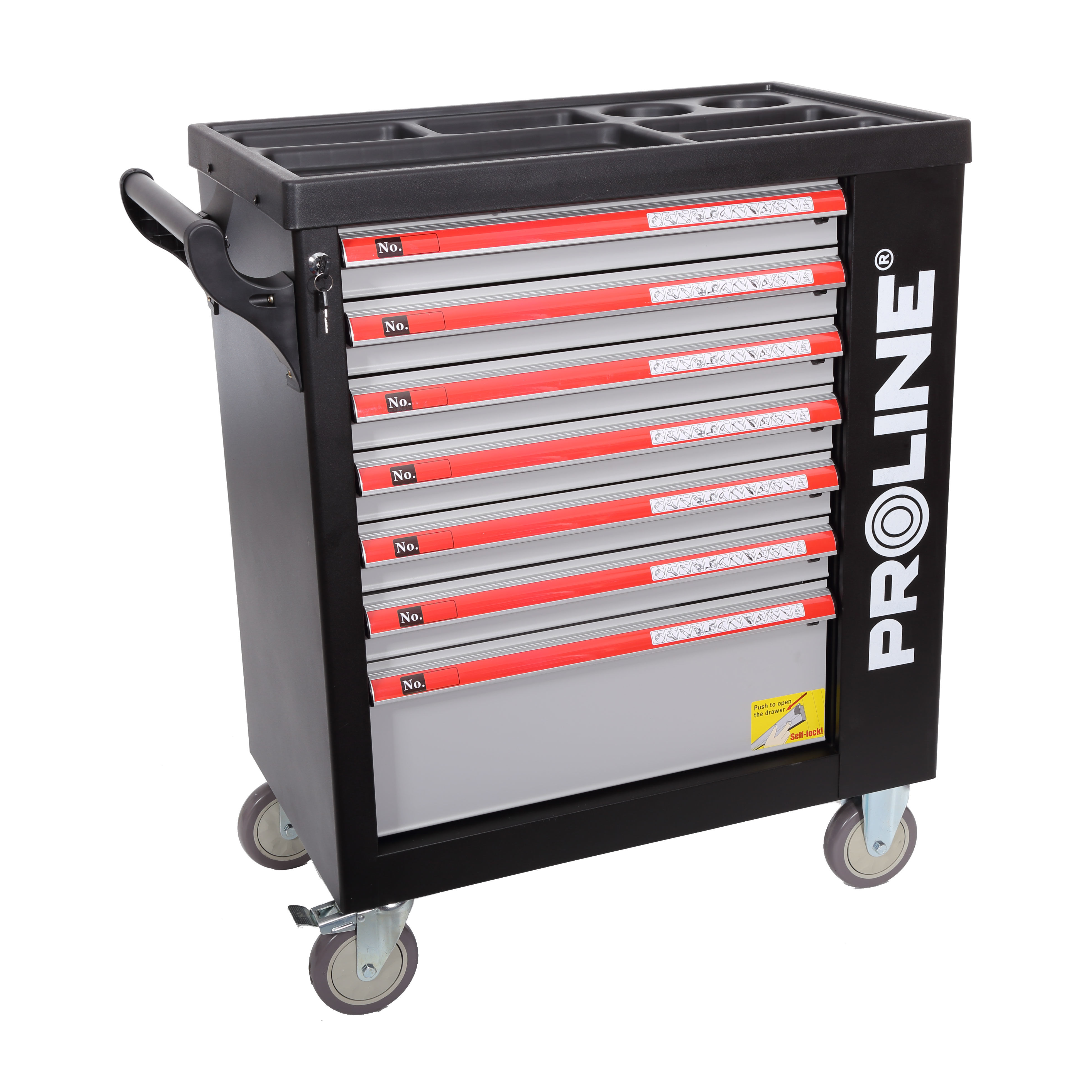 33127--Specyfikacja:Szafka wykonana ze stali z blachy grubości 0,8 mmSiedem wszechstronnych szuflad pozwala na przechowywanie w spos&amp;oacute;b uporządkowany niezbędnych narzędzi i akcesori&amp;oacute;wPraktyczny zamykany na klucz schowek boczny u