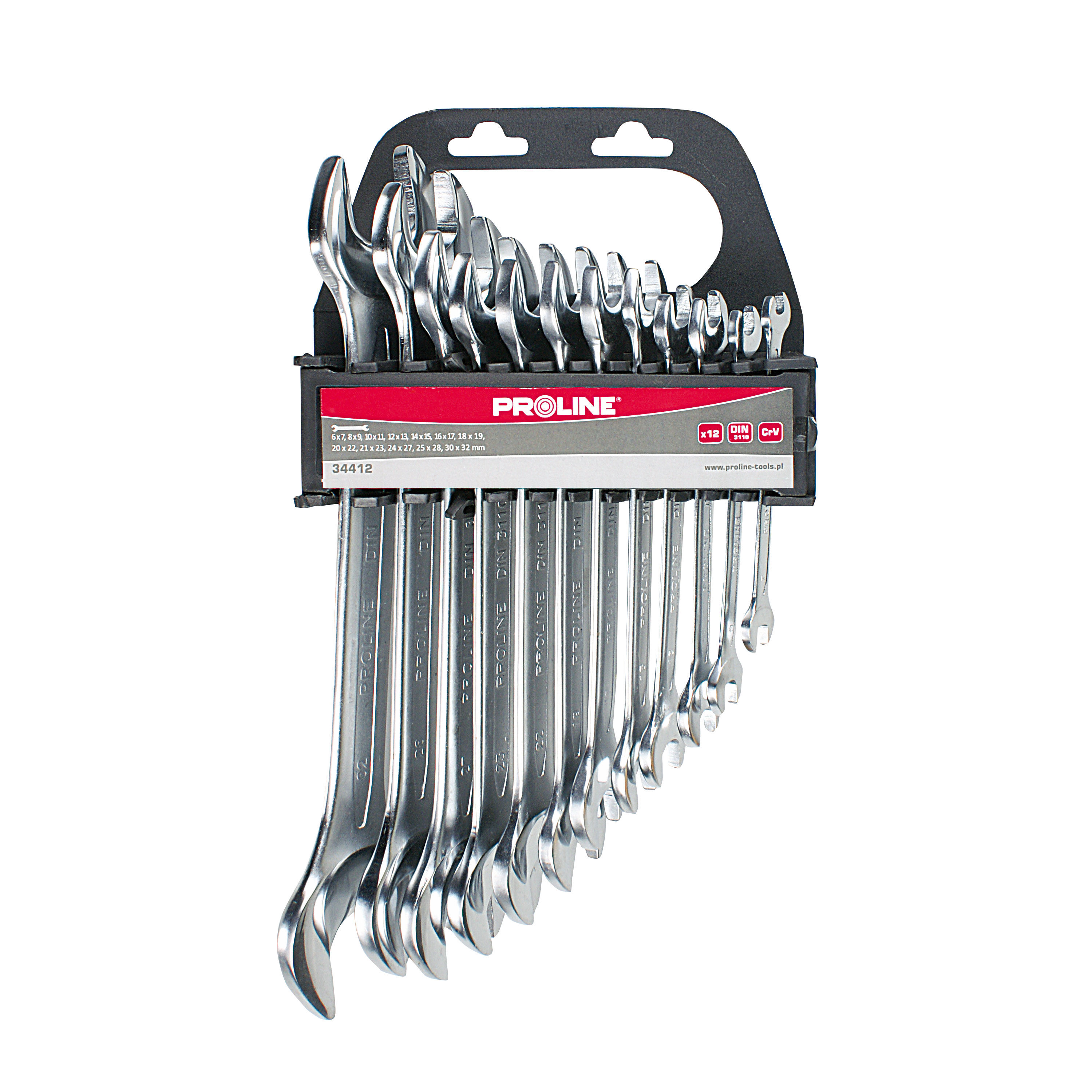 34406--34406 Zestaw kluczy płaskich CrV, 6 element&amp;oacute;w., 6-17mm, ProlineKlucze płaskie CrV, zestawy: 6, 8, 12szt, 6-32mmSpecyfikacja:Kute na zimno.Gł&amp;oacute;wki szlifowane.Chromowane.Dostarczane w kasecie.