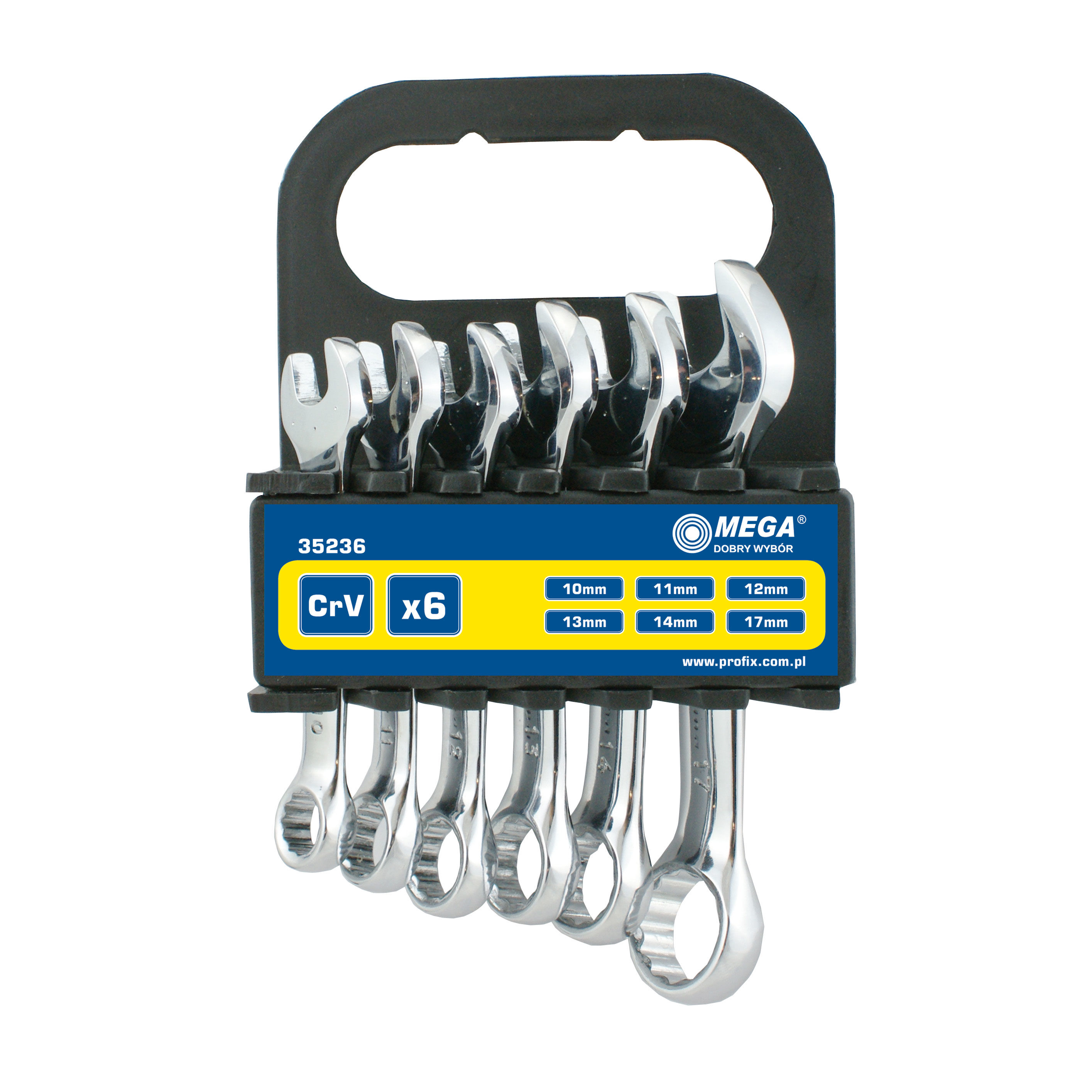 35236--35236 Klucze oczkowo-płaskie kr&amp;oacute;tkie CrV zestaw 6 element&amp;oacute;w., 10-17mm, MegaW zestawie klucze płasko oczkowe:10 mm,11 mm,12 mm,13 mm,14 mm,17 mm.Klucze kute, szlifowane i chromowane.Dostarczane w kasecie.Idealne do użytku