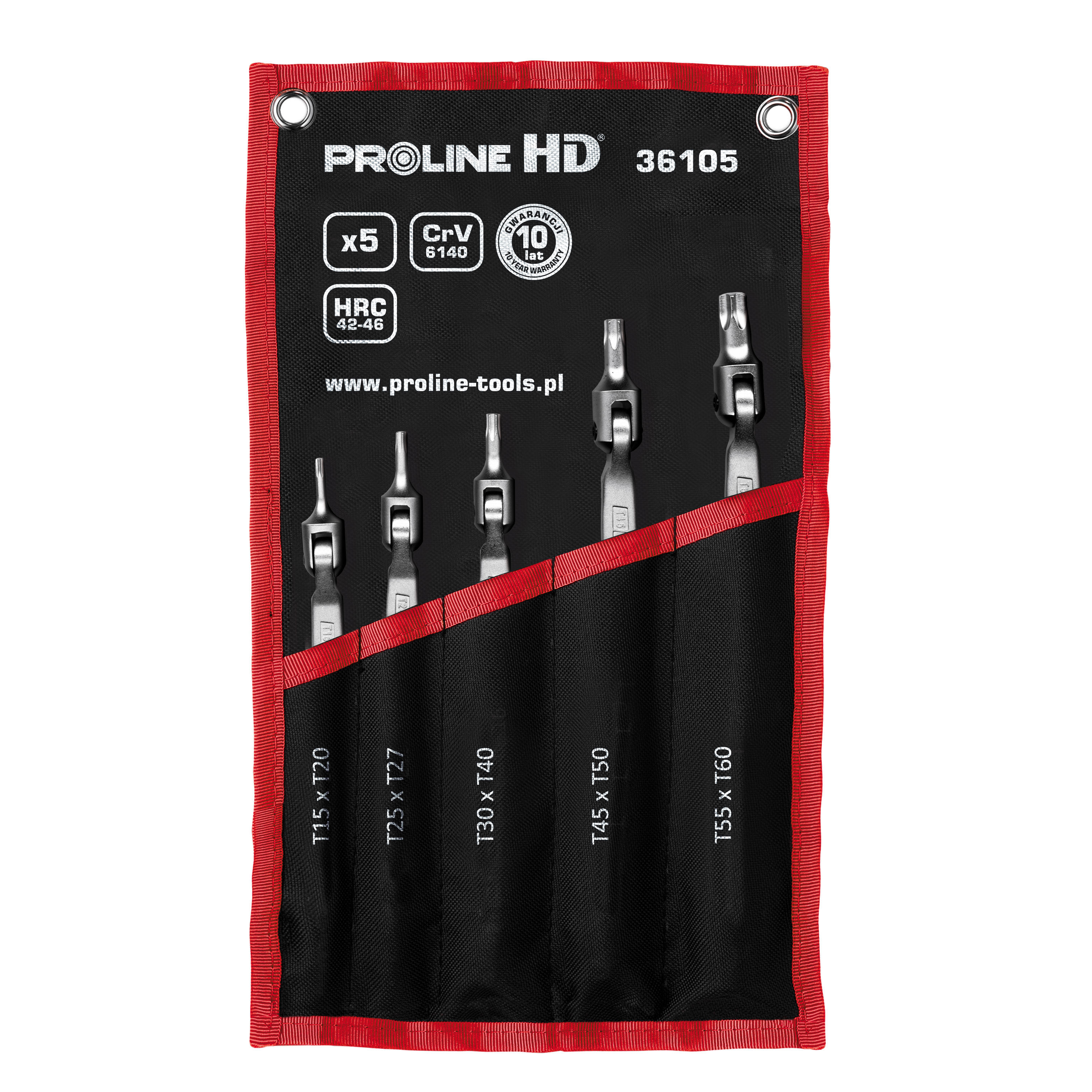 36105--36105 Klucze przegubowe Torx CrV, zestaw 5 element&amp;oacute;w., T15-T60, ProlineSpecyfikacja:Na wszystkie klucze Proline HD udziela 10 lat gwarancjiProfesjonalne klucze Torx do użytku w warsztacie i w przemyśle.Kute, chromowane, Satynowane. Zab