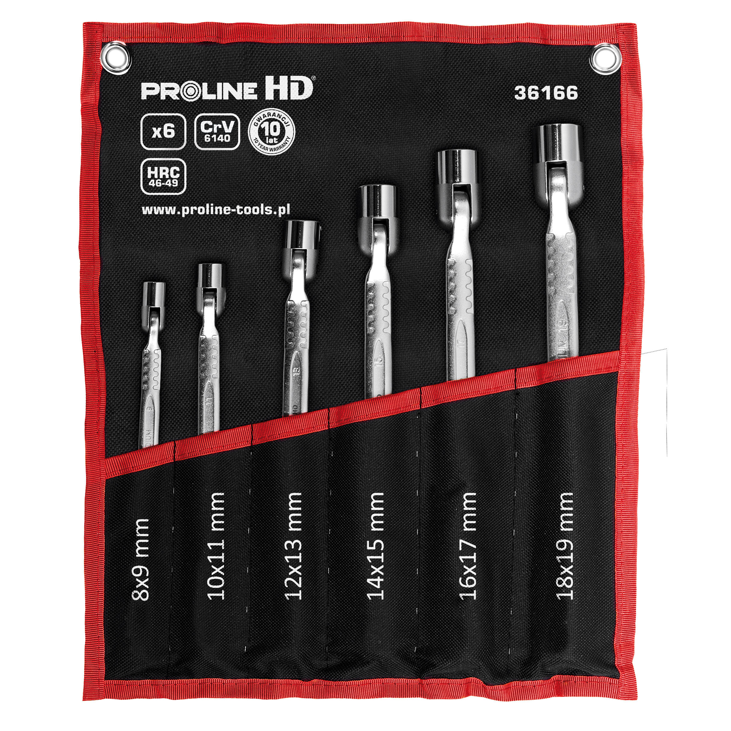 36166--Specyfikacja:Profesjonalne klucze do użytku w warsztacie i w przemyśleKute, chromowaneSatynowane, gł&amp;oacute;wki szlifowaneZabezpieczone przed korozjąNasadka: 50BV30Zakres ruchu gł&amp;oacute;wki: 220Skład zestawu: 8x9, 10x11, 12x13, 14x15