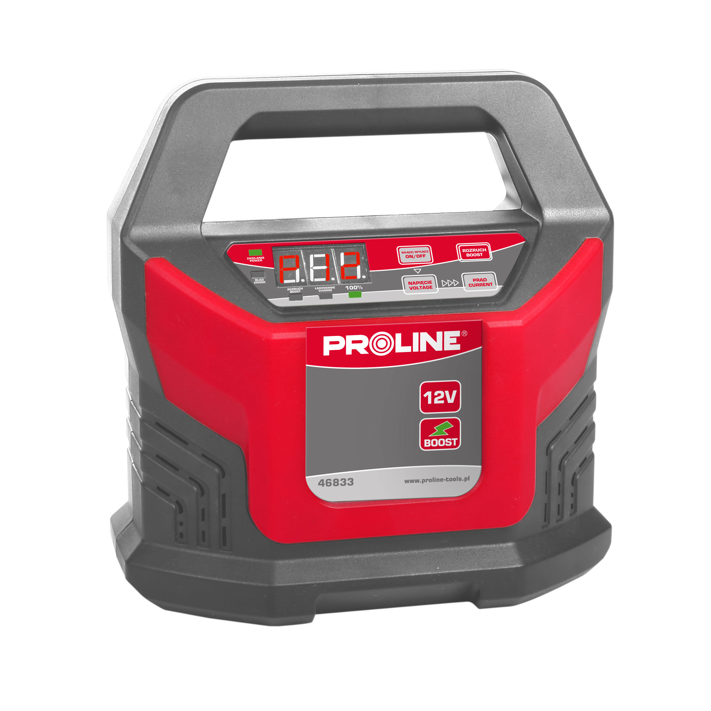 46833--Niezmiernie lekki i poręczny prostownik inwertorowy marki PROLINE o symbolu 46833 przeznaczony jest do ladowania wszystkich typ&amp;oacute;w akumulator&amp;oacute;w 12V o pojemności od 2 do 400AH, kwaso-ołowiowych, żelowych, MF-bezobsługowych