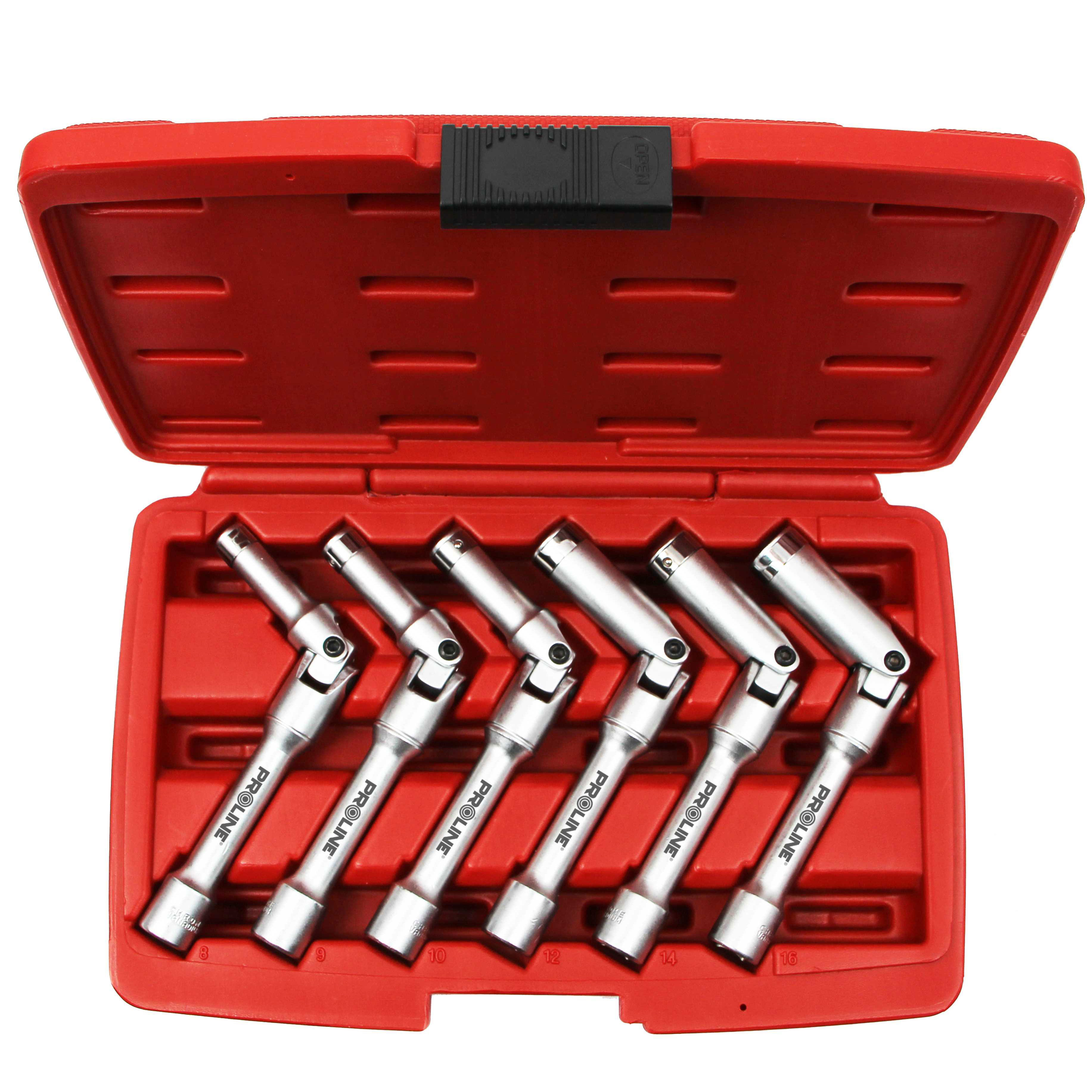 46841--46841 Zestaw kluczy do świec żarowych 6 sztuk ProlineZestaw kluczy nasadowych do świec żarowych:Klucze przeznaczone do montażu i demontażu świec żarowychWykonane ze stali chromowo-wanadowejKlucze przegubowe6 sztuk w zestawie: 8, 9, 10, 12, 14, 16Kwad