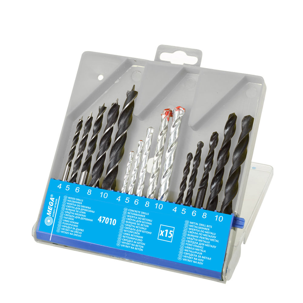 47010--Wiertła komplet: beton(5), drewno(5), metal(5) pud.plast