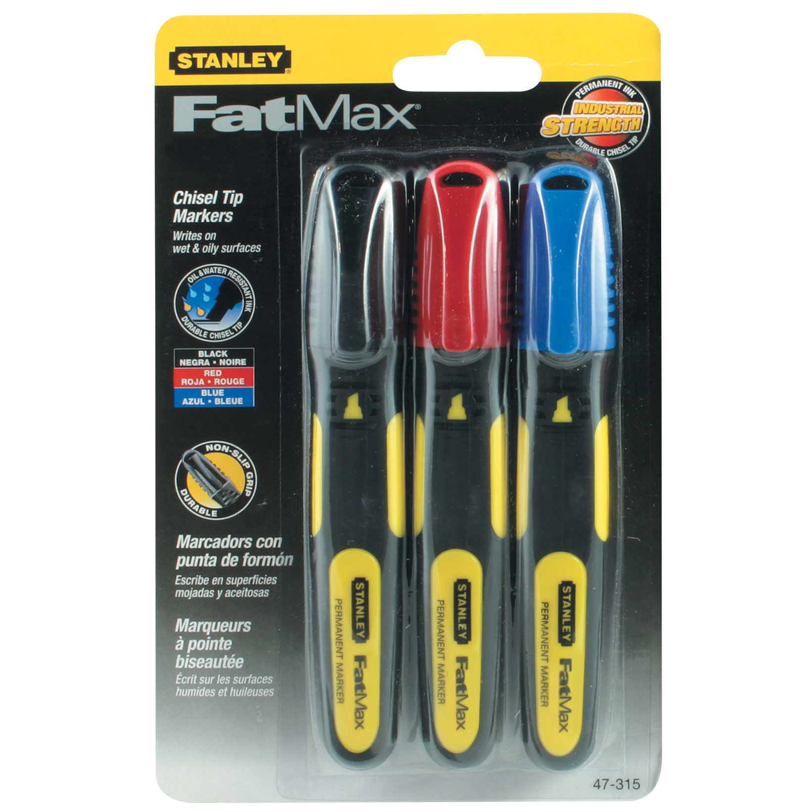 473150--473150 Markery zestaw 3 el., kolorowe, Stanley FatMax 0-47-315Tusz czarny, czerwony, niebieski Wodoodporny i olejoodpornyDo pracy na większości powierzchni także na betonie, miedzi, drewnie czy metaluKońc&amp;oacute;wka markera ściętaDobre, pewne