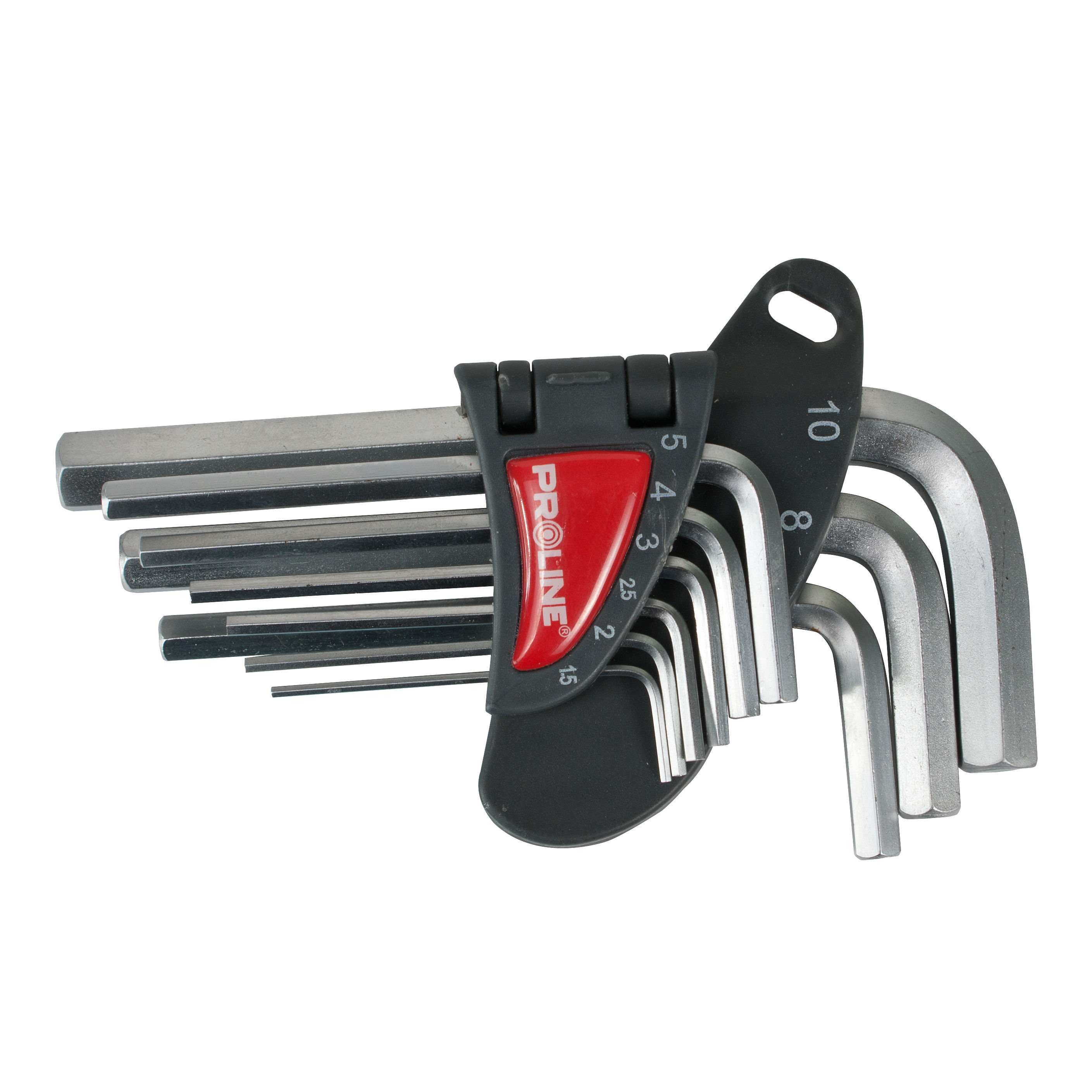 48309--48309 Klucze sześciokątne hex CrV, zestaw 9 element&amp;oacute;w, 1.5-10mm, ProlineKlucze imbusowe hex o standardowej długości Proline:Optymalna twardość kluczy: 56-60 HRCSkład zestawu kluczy sześciokątnych hex:H1.5 mm,H2 mm,H2.5 mm,H3 mm,H4 mm,H