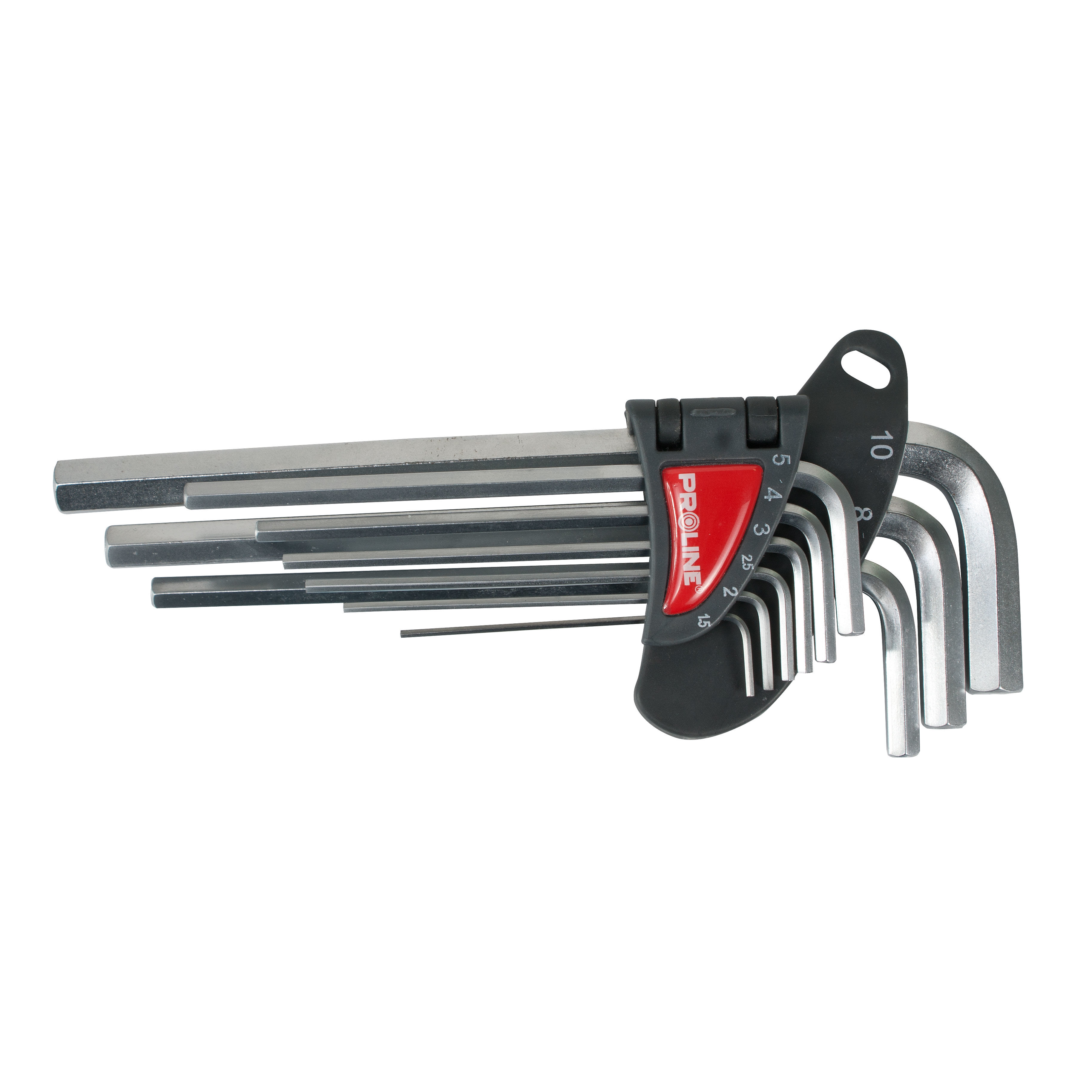 48319--48319 Klucze imbusowe hex wydłużone CrV zestaw 9 części 1.5-10mm, ProlineSpecyfikacja:Zestaw kluczy ampulowych - sześciokątnych hex - 9 sztuk (zwany r&amp;oacute;wnież potocznie imbusem lub inbusem)Optymalna twardość kluczy 56-60 HRCKlucze długie