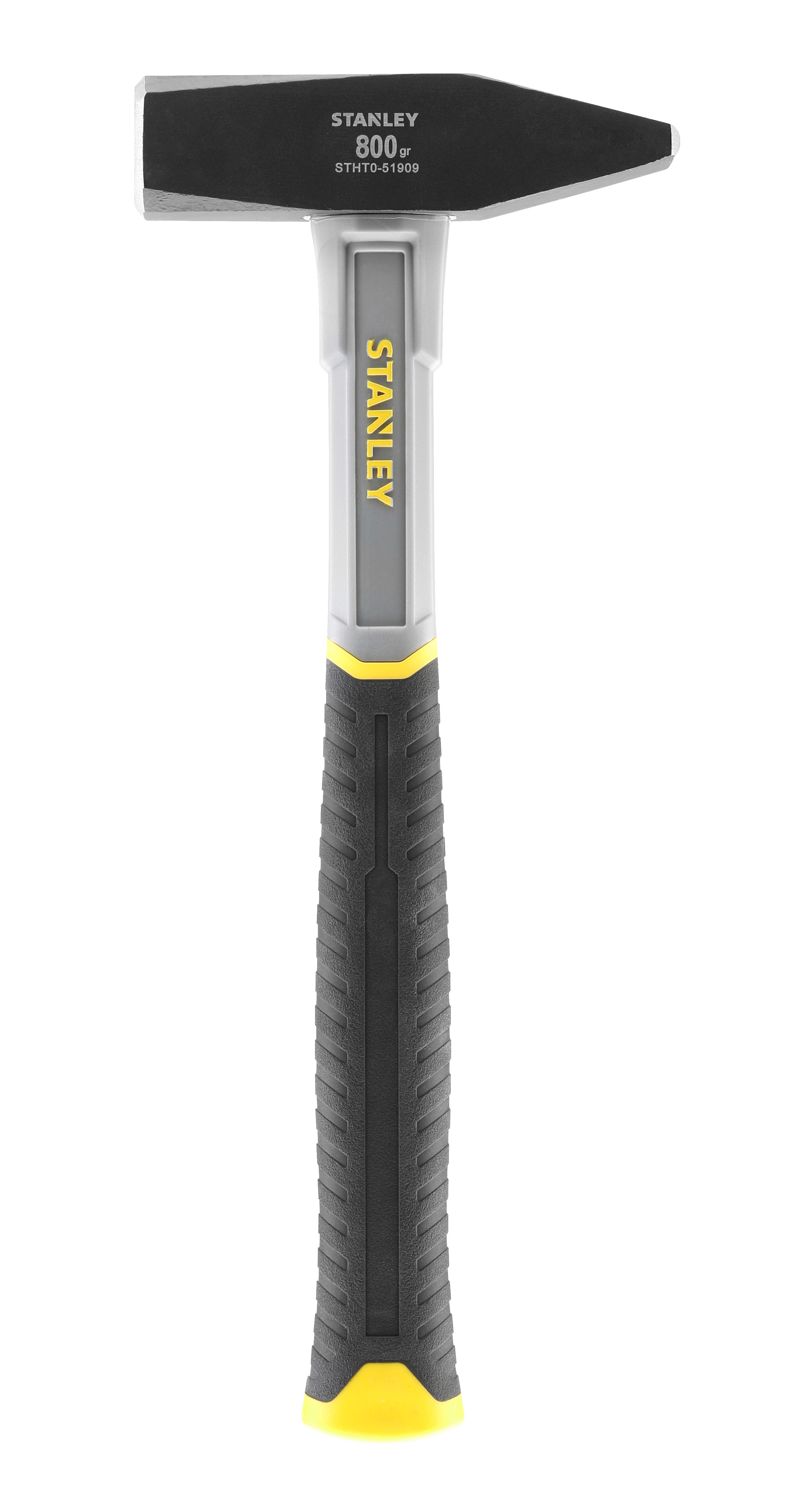 519090--Charakterystyka:Młotek ślusarski o wadze 800 g marki Stanley.Bimateriałowy, antypoślizgowy uchwyt oraz rękojeść z dodatkiem wł&amp;oacute;kna szklanego zapewniają wygodny, mocny chwyt.Mocne połączenie obucha z rękojeścią, żywicą epoksydową, kt&am