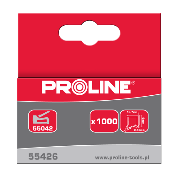 55426--55426 Zszywki hartowane typ R prostokątne, L=6mm, ProlineProfesjonalne zszywki hartowane typu RDo zszywaczy takera 55042Pakowane po 1000 sztuk
