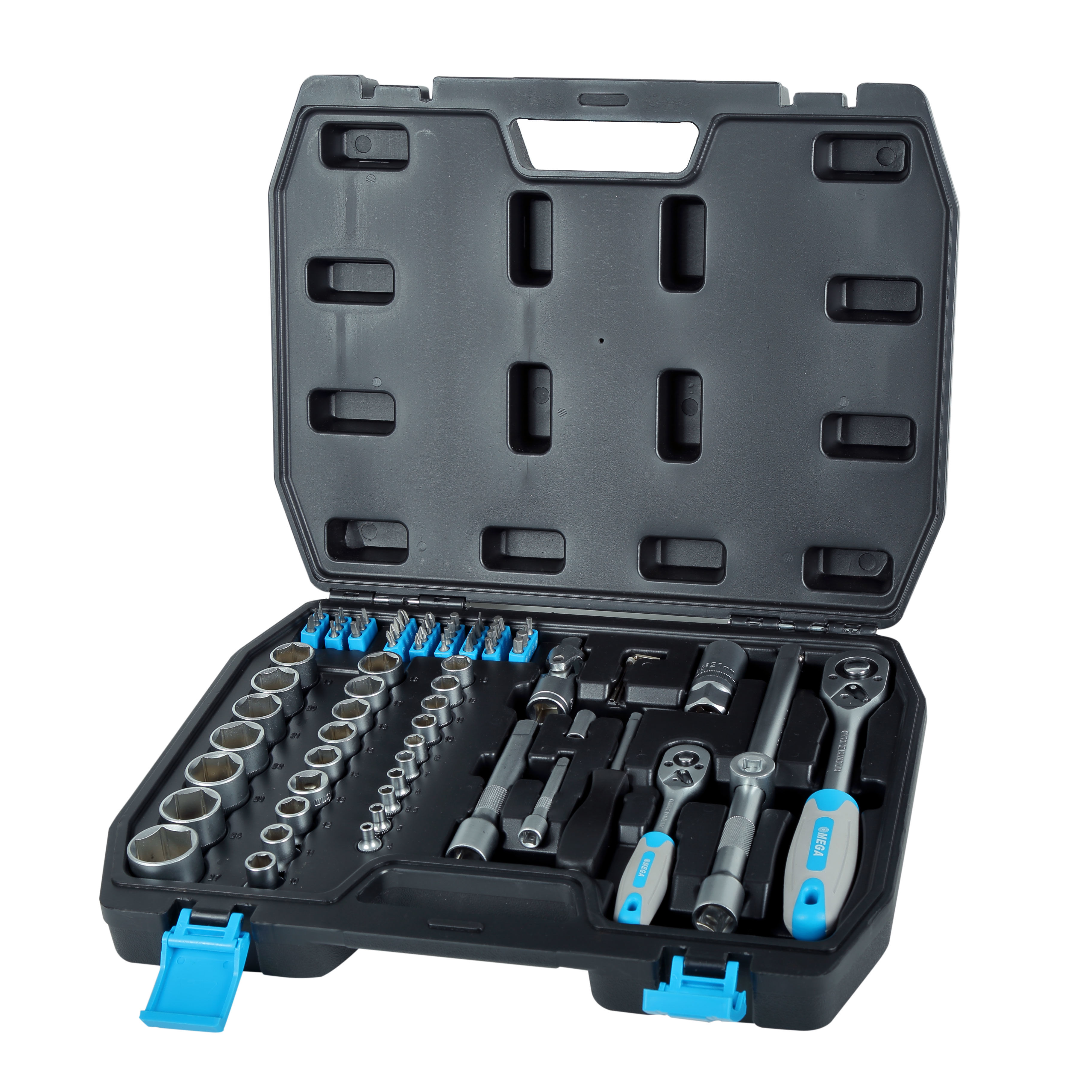 58072--Zestaw kluczy nasadowych polskiej marki Mega o symbolu 58072 składa się z 72 element&amp;oacute;w. Klucze nasadowe idealnie nadaja się do użytku domowego, majsterkowaniu czy też w warsztacie. Dla zachowania wysokiej twardości dodano związki wegla