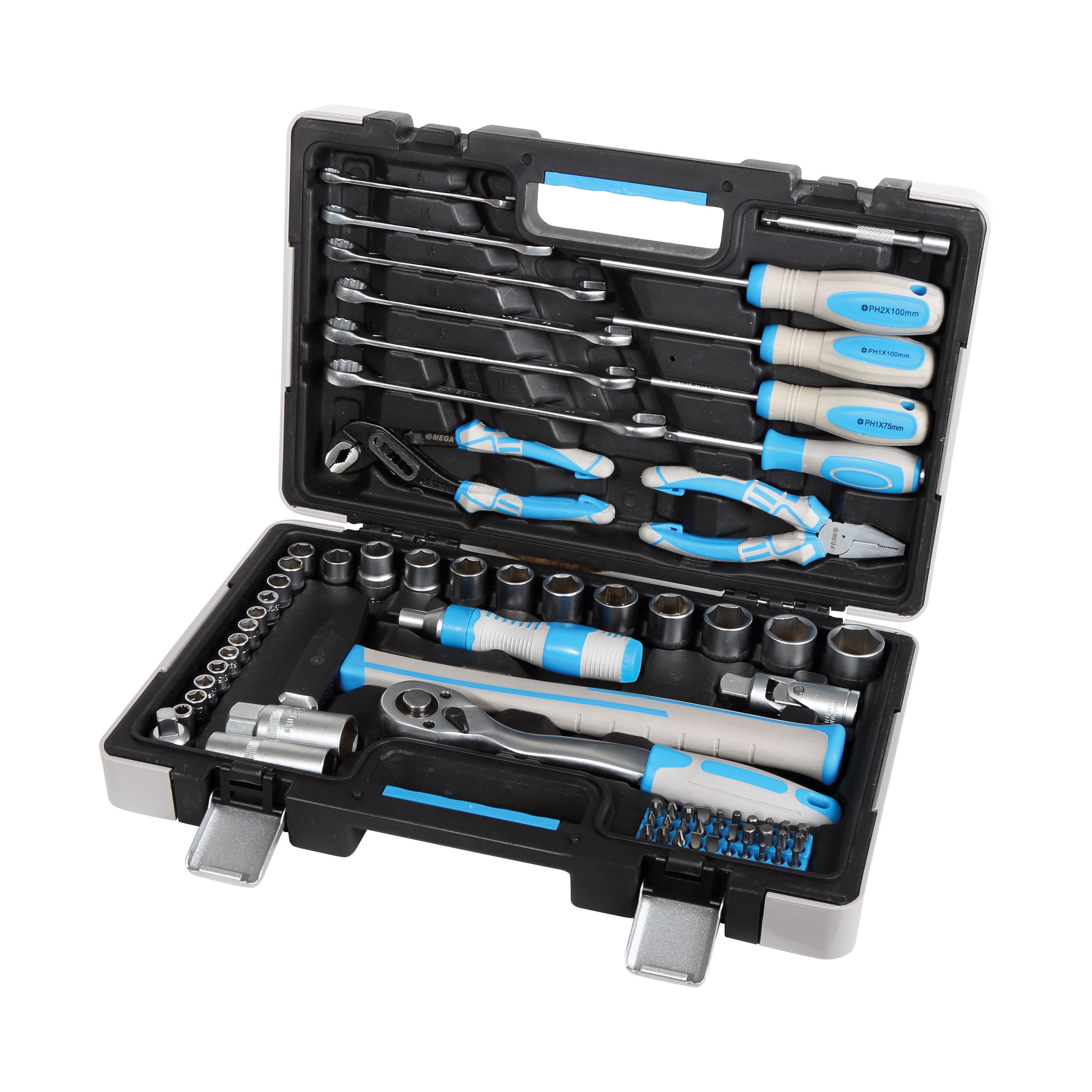 58075--Zestaw narzędzi Mega 58075 zawiera akcesoria do r&amp;oacute;żnorodnych prac domowych i warsztatowych. Szeroki zakres akcesori&amp;oacute;w o r&amp;oacute;żnych rozmiarach umożliwi wszechstronne działanie. Zestaw 58075 składa się z 75 czę