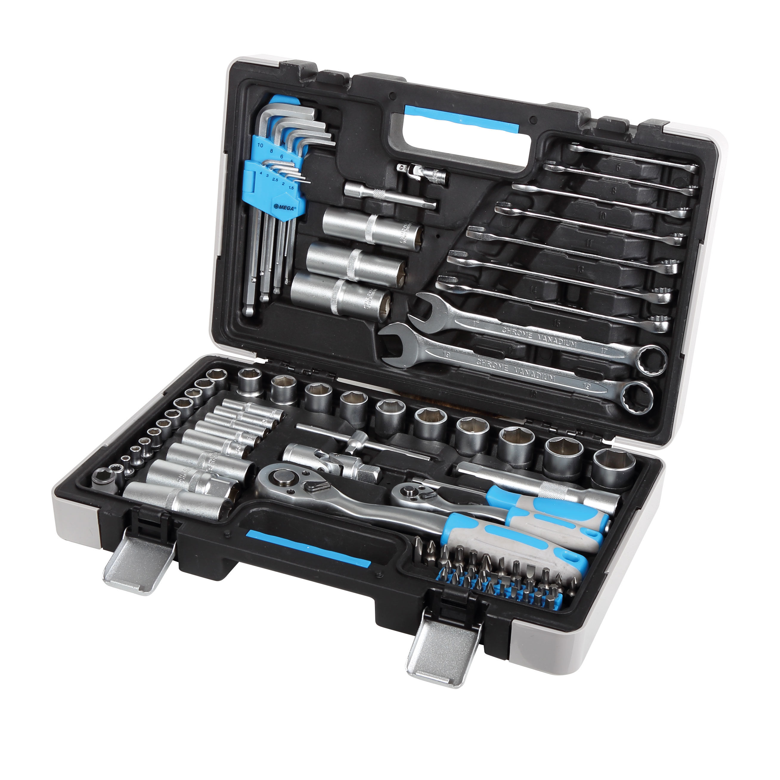 58091--Zestaw kluczy nasadowych polskiej marki Mega o symbol katalogowym 58091 składa się z 91 element&amp;oacute;w wykonanych z wysokiej jakości stali chromowo-wanadowej z zawartością związk&amp;oacute;w węgla dla zachowania wysokiej twardości w ca