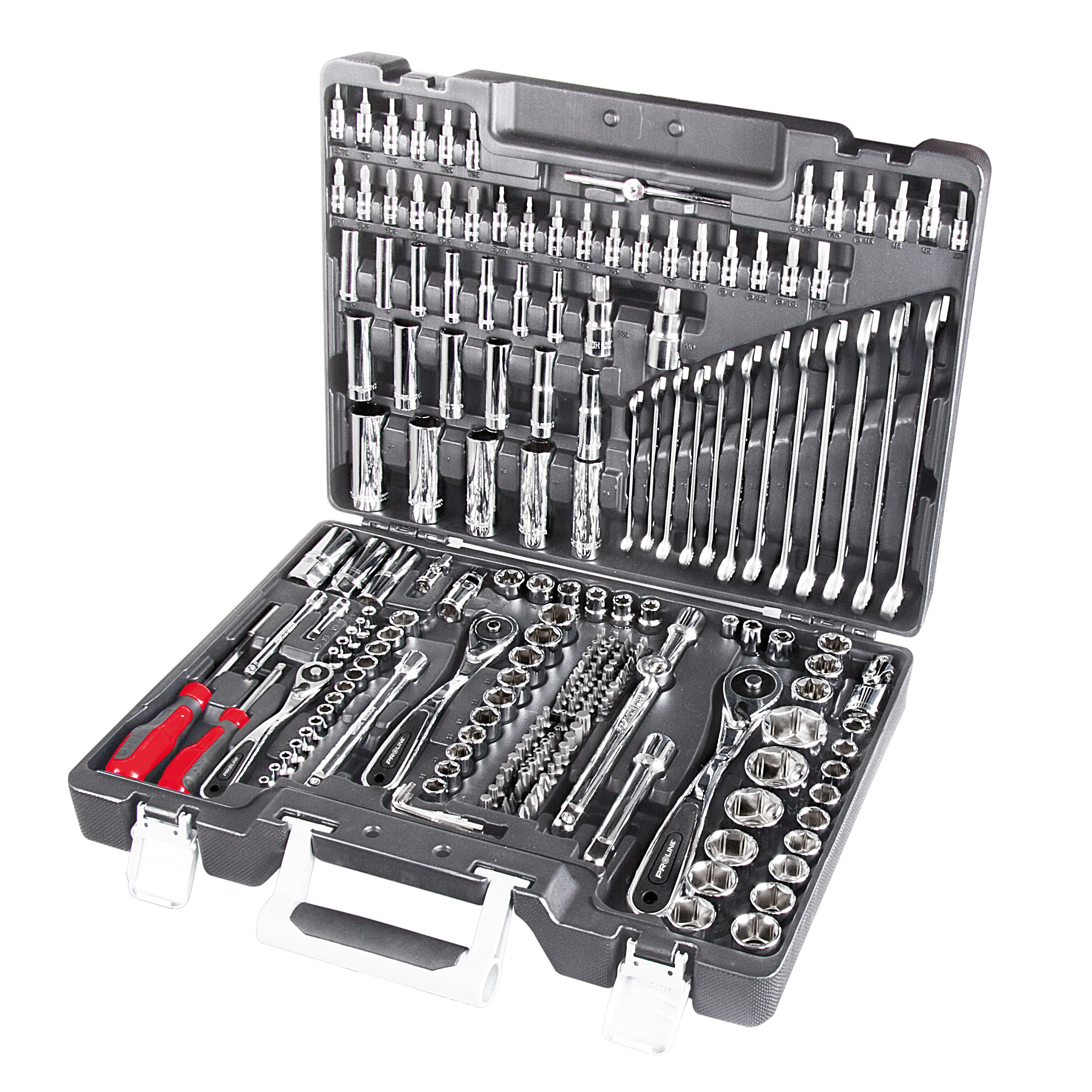 58217--Zestaw narzędziowy 217-elementowy - 58217Stal chromowo-wanadowaKlucze do samochodu chromowane i polerowanePrecyzyjna grzechotka 72 zęby z dwukomponentową rękojeściąKufer na narzędzia wyposażony w metalowe klamryWaga zestawu ok 7kgW zestawie kluczy na