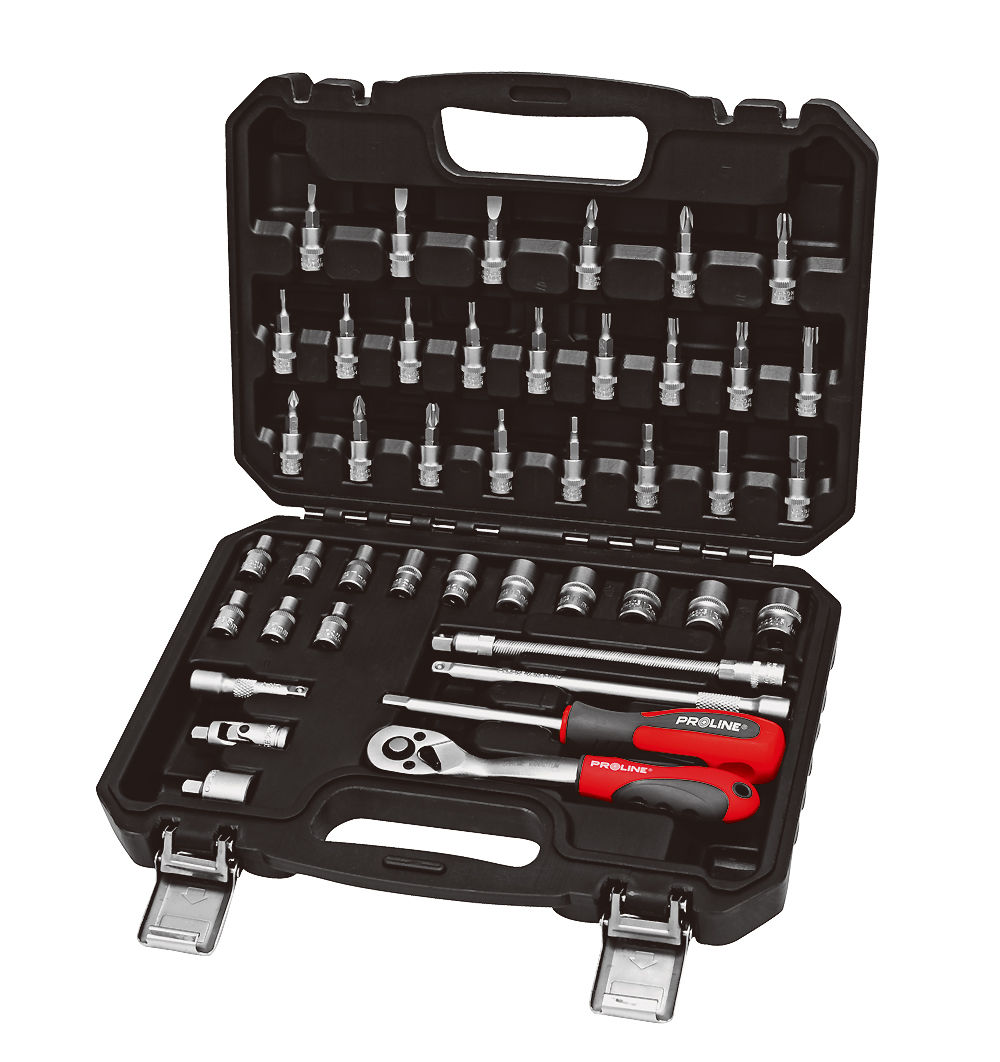 58843--Specyfikacja:Stal CrVSatynowaneNasadki radełkowaneDostarczane w kufrze z tworzywa, zawias metalowy, klamry metaloweW zestawie:1/4&amp;rdquo; 4, 4.5, 5, 5.5, 6, 7, 8, 9, 10, 11, 12, 13, 14 mm1/4&amp;rdquo; 72 T1/4&amp;rdquo; 50, 150 mm1/4&