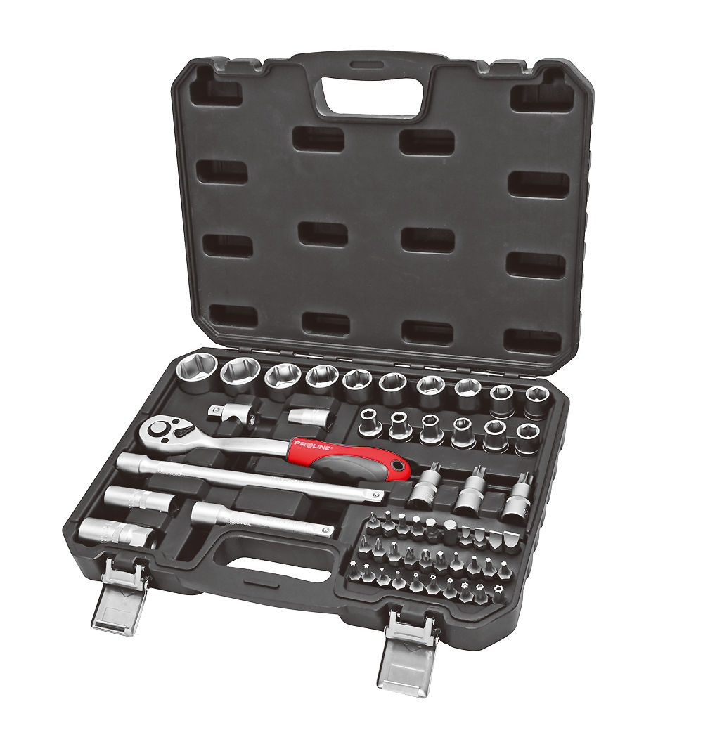 58856--Zestaw kluczy nasadowych polskiej marki Proline o symbol katalogowym 58856 składa się z 56 element&amp;oacute;w wykonanych z wysokiej jakości stali chromowo-wanadowej z zawartością związk&amp;oacute;w węgla dla zachowania wysokiej twardości w