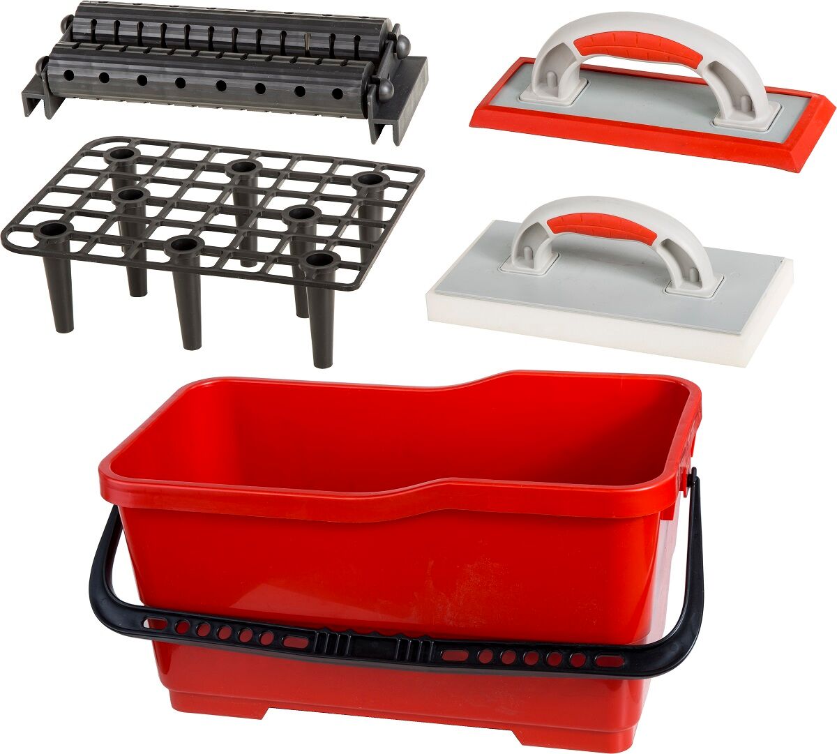 61630--Prostokątne wiadro plastikowe o pojemności 22 L. Uchwyt z tworzywa sztucznego.W komplecie:Paca z gumą 61638Paca z gąbka 61639Kratka 61636 do usuwania nadmiaru zaprawyRolki 61635