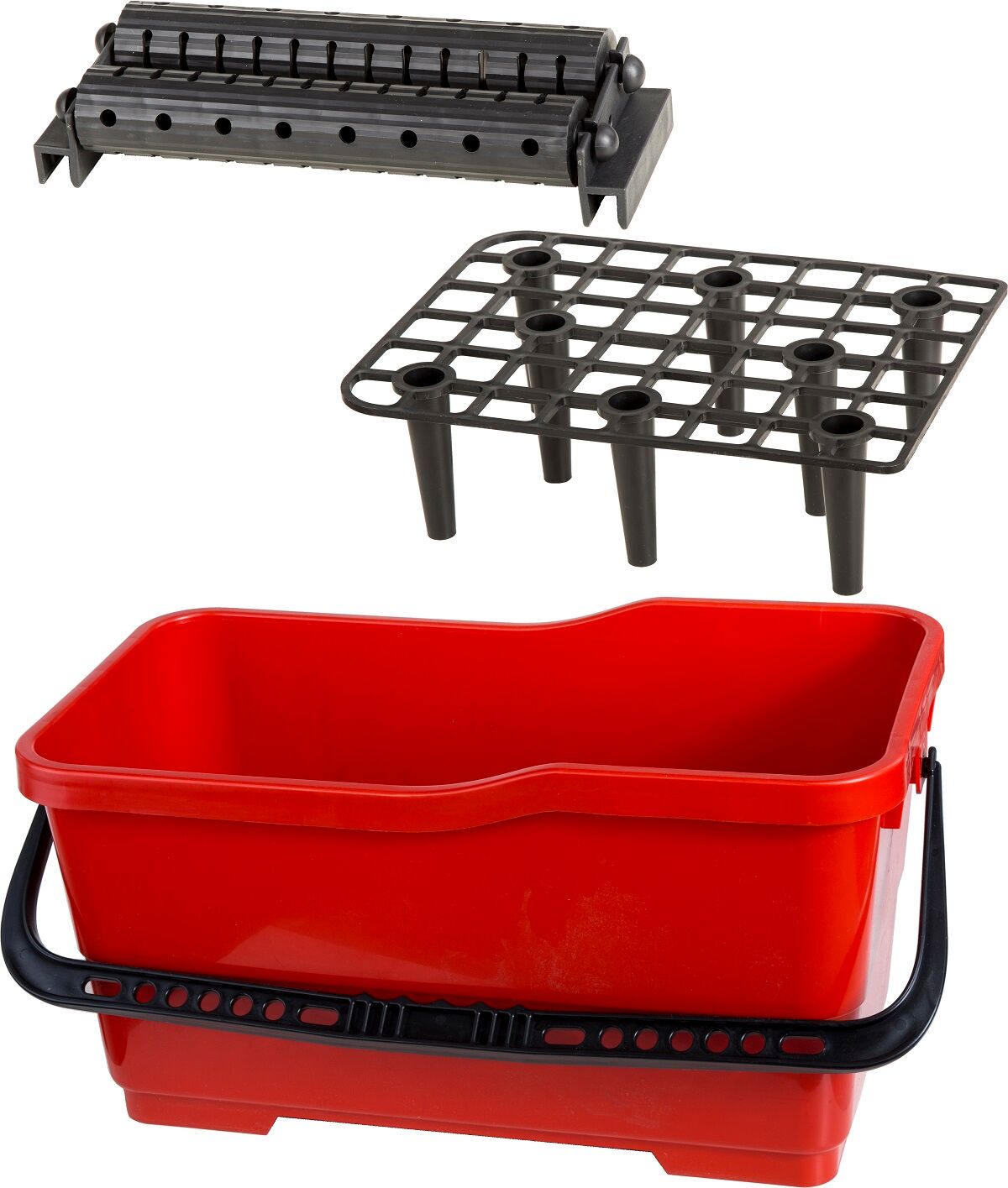 61632--Komplet glazurniczy wiadro, kratka, rolki Proline 61632Prostokątne wiadro plastikowe o pojemności 22 L. Uchwyt z tworzywa sztucznego. W komplecie kratka 61636 do usuwania nadmiaru zaprawy oraz rolki 61635.