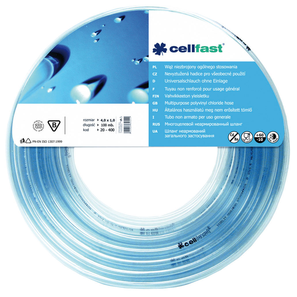 CF20402R--CF20402R WĄŻ NIEZBROJONY OG&amp;Oacute;LNEGO STOSOWANIA FI=6,0MM DŁ.50M ROLKACechy:Wąż niezbrojony og&amp;oacute;lnego stosowania CellFastWąż przeznaczony do niskociśnieniowego przesyłu wody, powietrza, lekkich chemikali&amp;oacute;w i ws